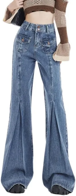 Hopecn Women Y2K Flared Jeans Baggy Aesthetic High Rise Wide Leg Pants 90S Vintage Streetwear Goth Grunge Bell Bottom.