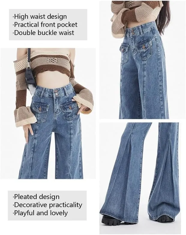 Hopecn Women Y2K Flared Jeans Baggy Aesthetic High Rise Wide Leg Pants 90S Vintage Streetwear Goth Grunge Bell Bottom.