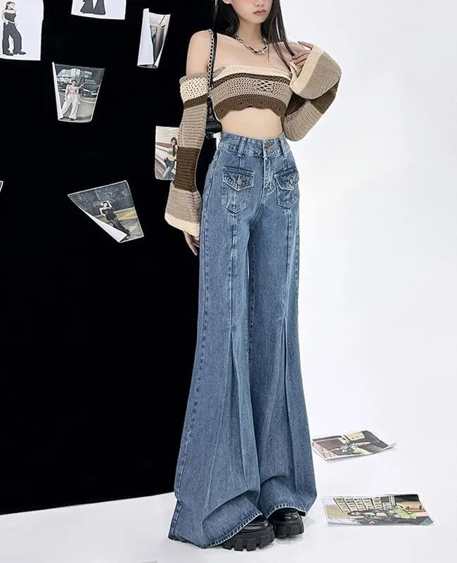 Hopecn Women Y2K Flared Jeans Baggy Aesthetic High Rise Wide Leg Pants 90S Vintage Streetwear Goth Grunge Bell Bottom.