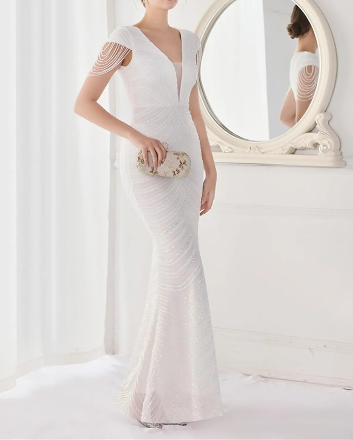 houstil Formal Dresses for Women Sequin 1920s Full Length Evening Party Gown Great Gatsby Cocktail Wedding Dress