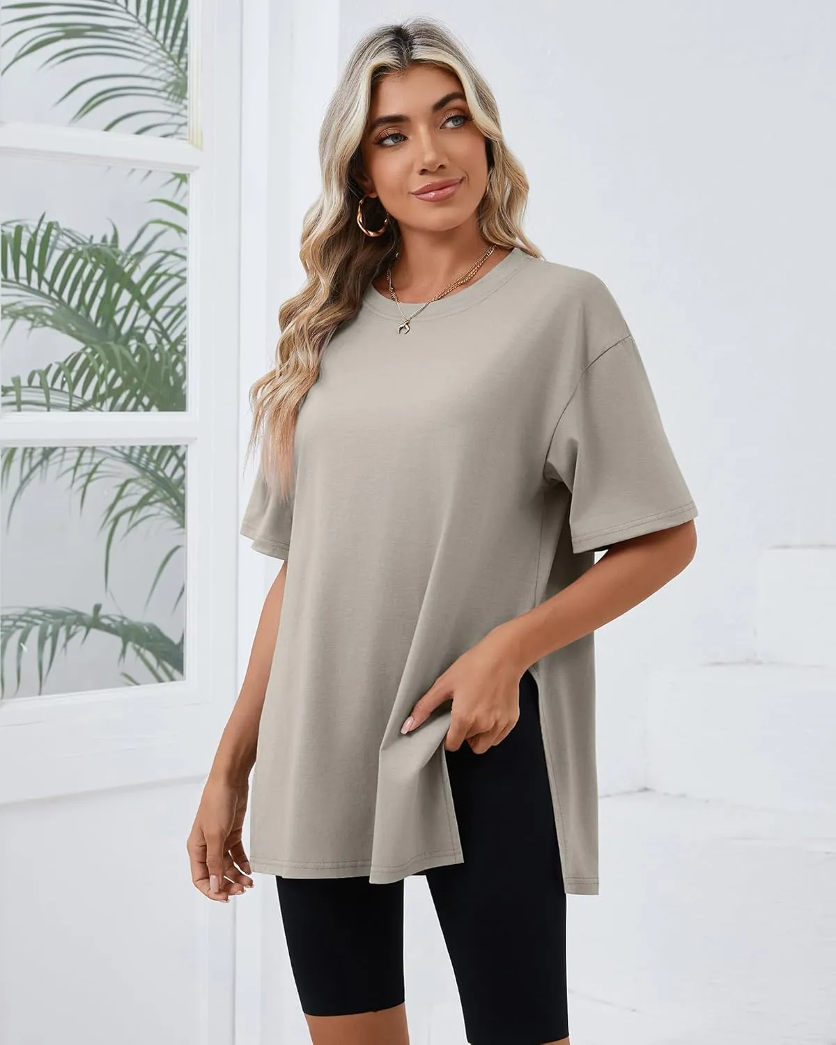 Huukeay 3 Pack Women's Oversized Gym T Shirts Cotton Short Sleeve Side Split Crewneck Tops Casual Workout Baggy Basic Tee