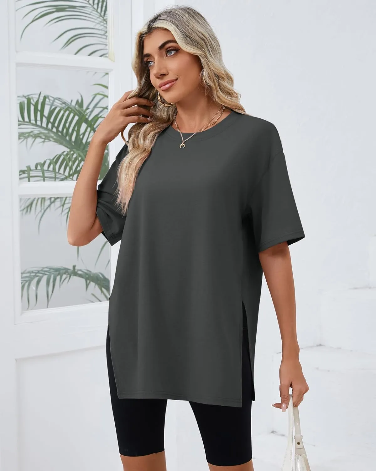 Huukeay 3 Pack Women's Oversized Gym T Shirts Cotton Short Sleeve Side Split Crewneck Tops Casual Workout Baggy Basic Tee