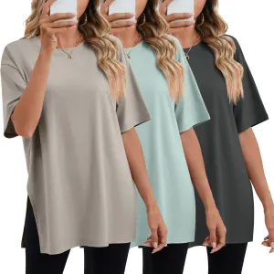 Huukeay 3 Pack Women's Oversized Gym T Shirts Cotton Short Sleeve Side Split Crewneck Tops Casual Workout Baggy Basic Tee