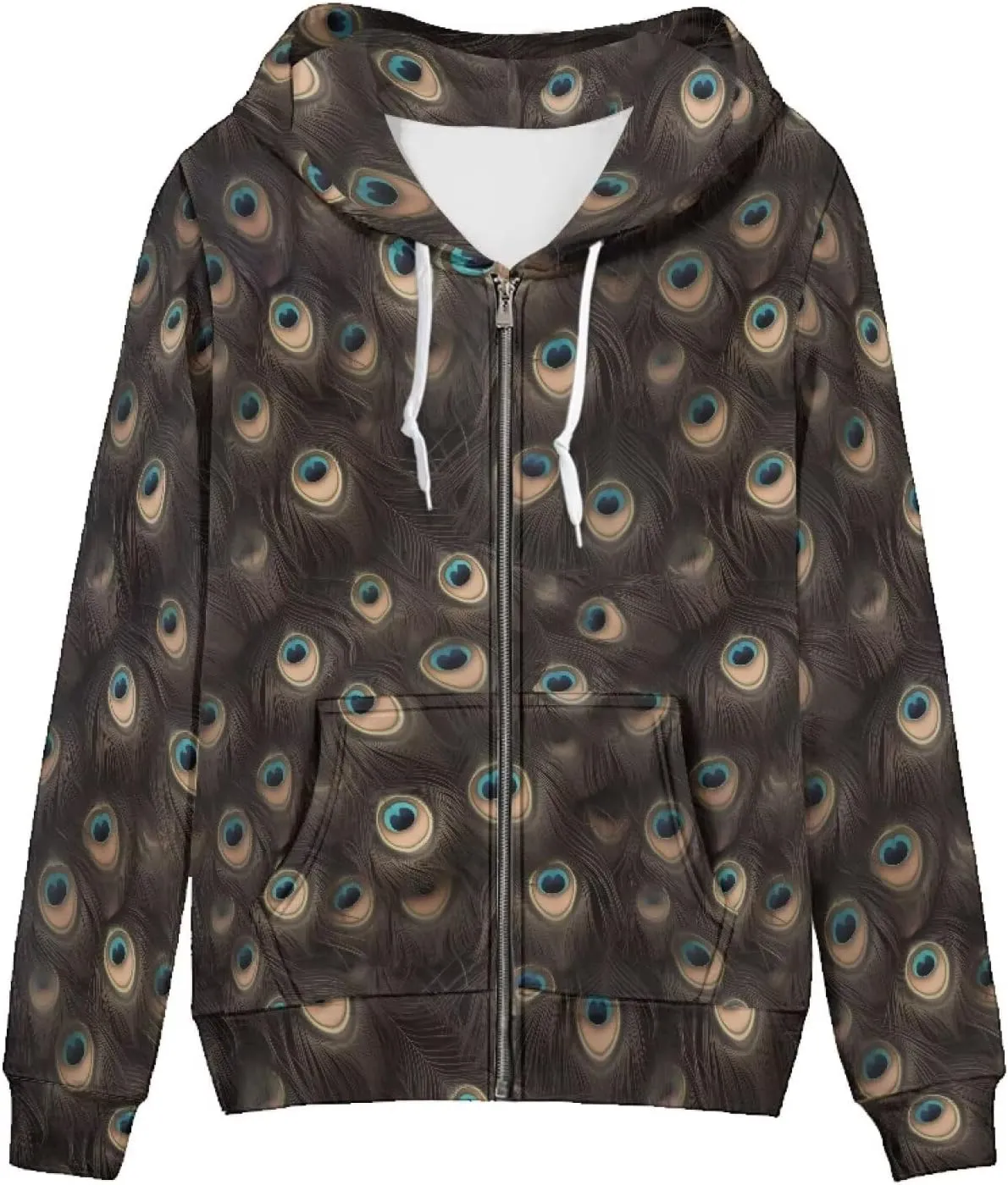 Irisjudy Retro Camellia Zip Long Sleeve Hoodies with Pocket Neon Lines Oversized Hooded Turquoise Spiral Casual Sweatshirts