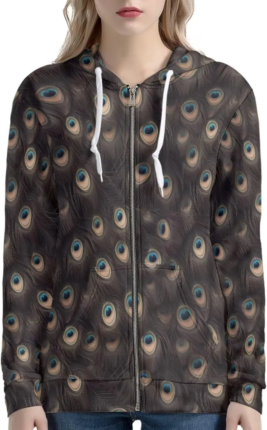 Irisjudy Retro Camellia Zip Long Sleeve Hoodies with Pocket Neon Lines Oversized Hooded Turquoise Spiral Casual Sweatshirts