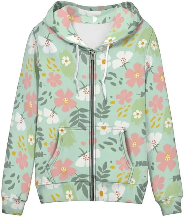 Irisjudy Women's Drawstring Zip up Pocket Hoodies, Vintage Flower Full-Zip Soft Jacket, Cute Spring Fall Pullover Coat XS-5XL