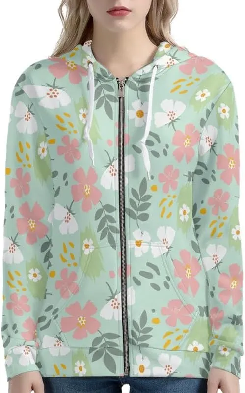 Irisjudy Women's Drawstring Zip up Pocket Hoodies, Vintage Flower Full-Zip Soft Jacket, Cute Spring Fall Pullover Coat XS-5XL