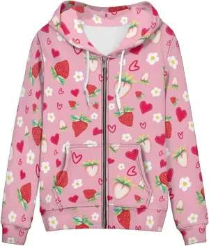 Irisjudy Women's Drawstring Zip up Pocket Hoodies, Vintage Flower Full-Zip Soft Jacket, Cute Spring Fall Pullover Coat XS-5XL