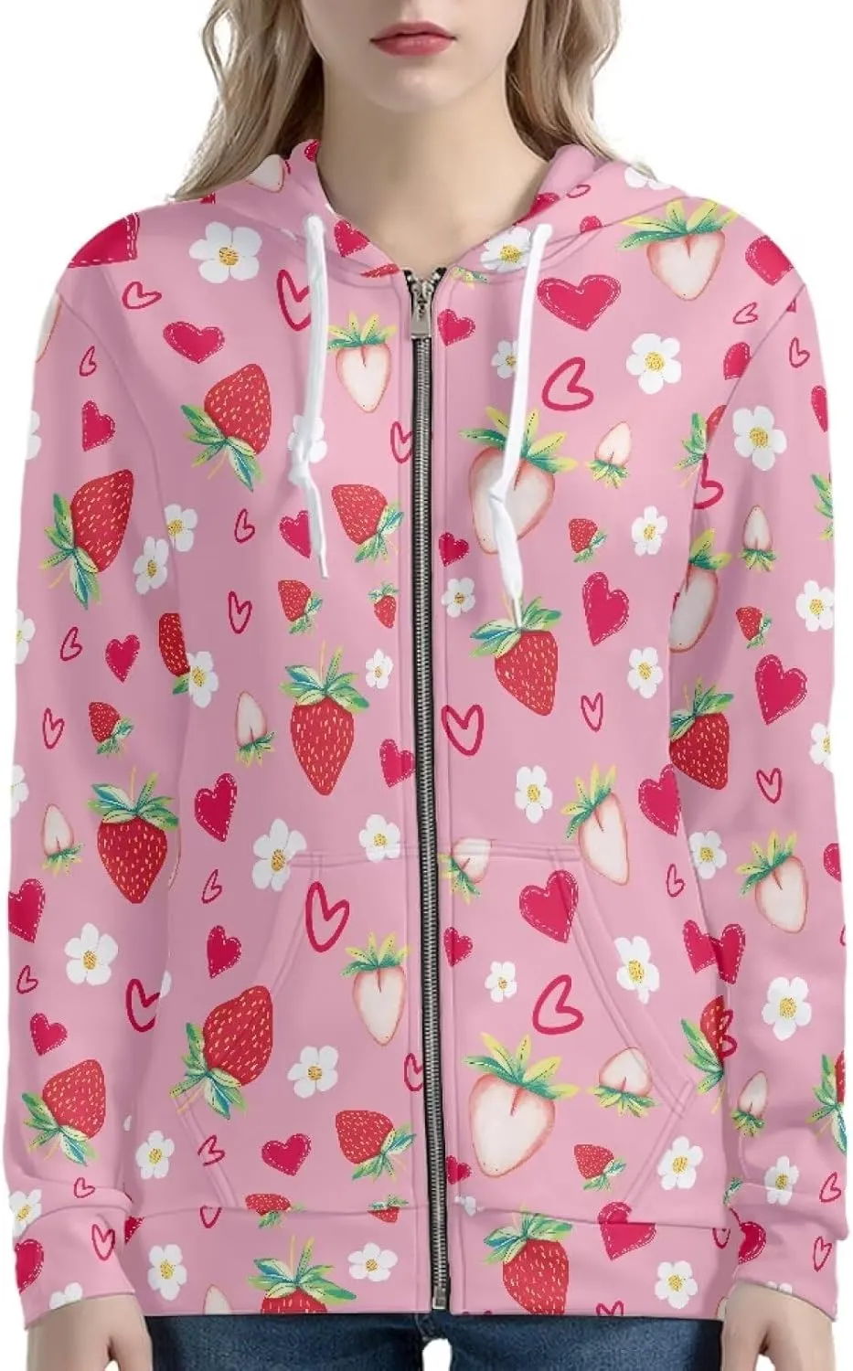 Irisjudy Women's Drawstring Zip up Pocket Hoodies, Vintage Flower Full-Zip Soft Jacket, Cute Spring Fall Pullover Coat XS-5XL