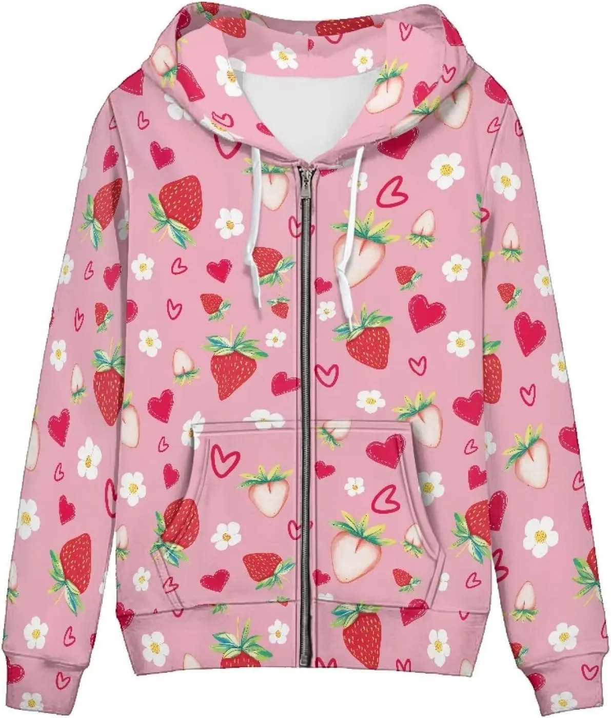 Irisjudy Women's Drawstring Zip up Pocket Hoodies, Vintage Flower Full-Zip Soft Jacket, Cute Spring Fall Pullover Coat XS-5XL