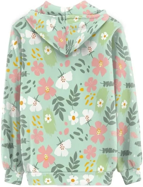 Irisjudy Women's Drawstring Zip up Pocket Hoodies, Vintage Flower Full-Zip Soft Jacket, Cute Spring Fall Pullover Coat XS-5XL