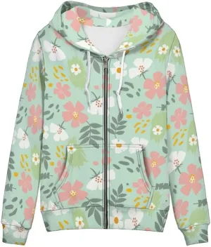 Irisjudy Women's Drawstring Zip up Pocket Hoodies, Vintage Flower Full-Zip Soft Jacket, Cute Spring Fall Pullover Coat XS-5XL