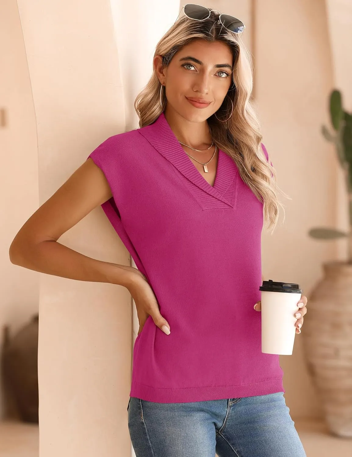Ivicoer Sweater Vest Women V-Neck Knitted Pullover Short Cap Sleeve Collared Tops Dressy Casual 2025 Summer Fashion Trendy
