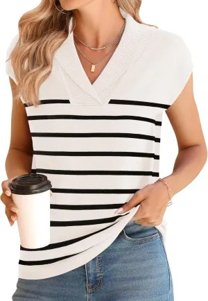 Ivicoer Sweater Vest Women V-Neck Knitted Pullover Short Cap Sleeve Collared Tops Dressy Casual 2025 Summer Fashion Trendy