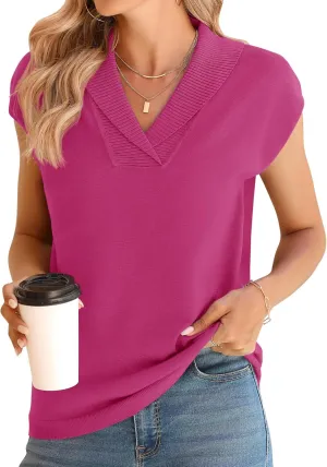 Ivicoer Sweater Vest Women V-Neck Knitted Pullover Short Cap Sleeve Collared Tops Dressy Casual 2025 Summer Fashion Trendy