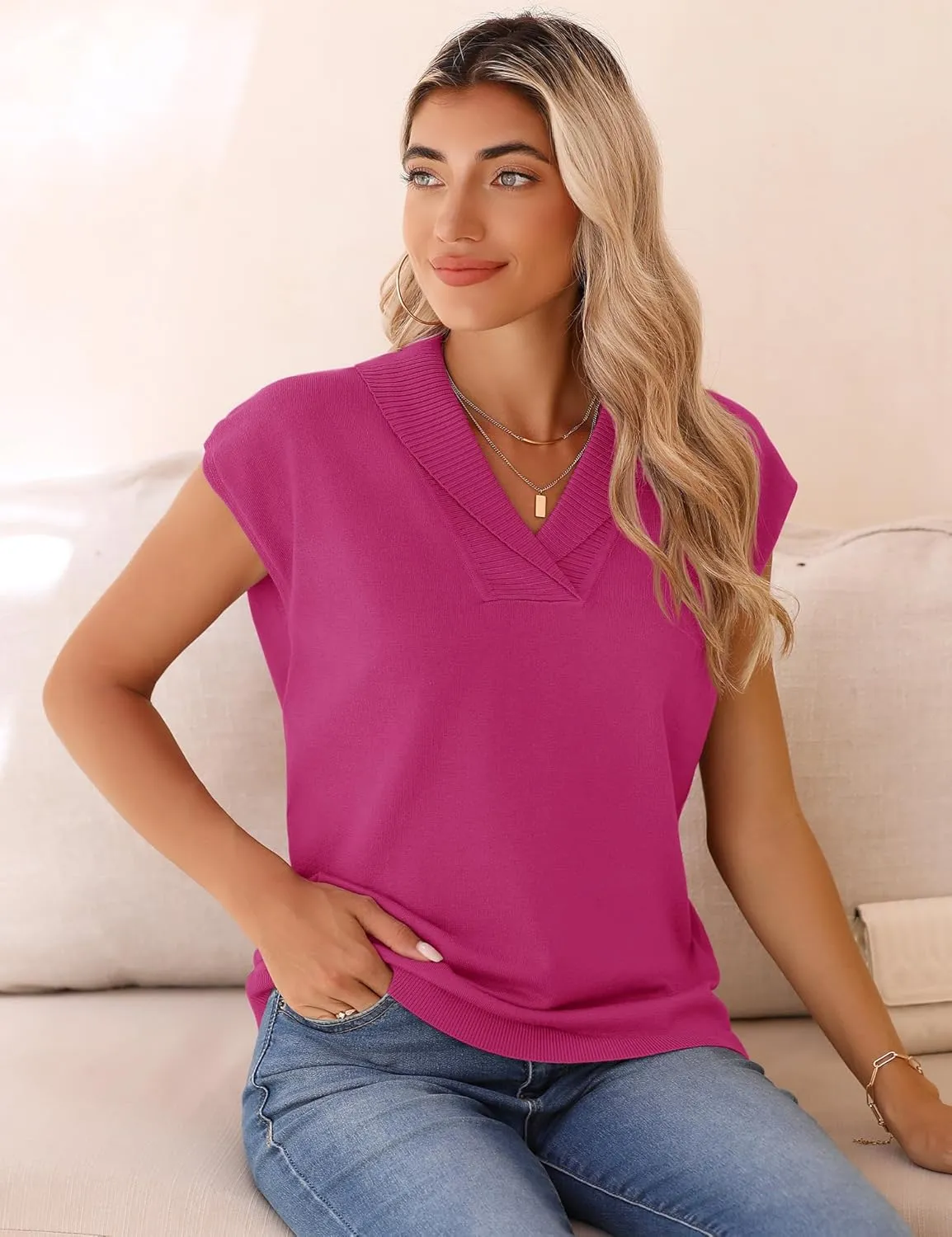 Ivicoer Sweater Vest Women V-Neck Knitted Pullover Short Cap Sleeve Collared Tops Dressy Casual 2025 Summer Fashion Trendy