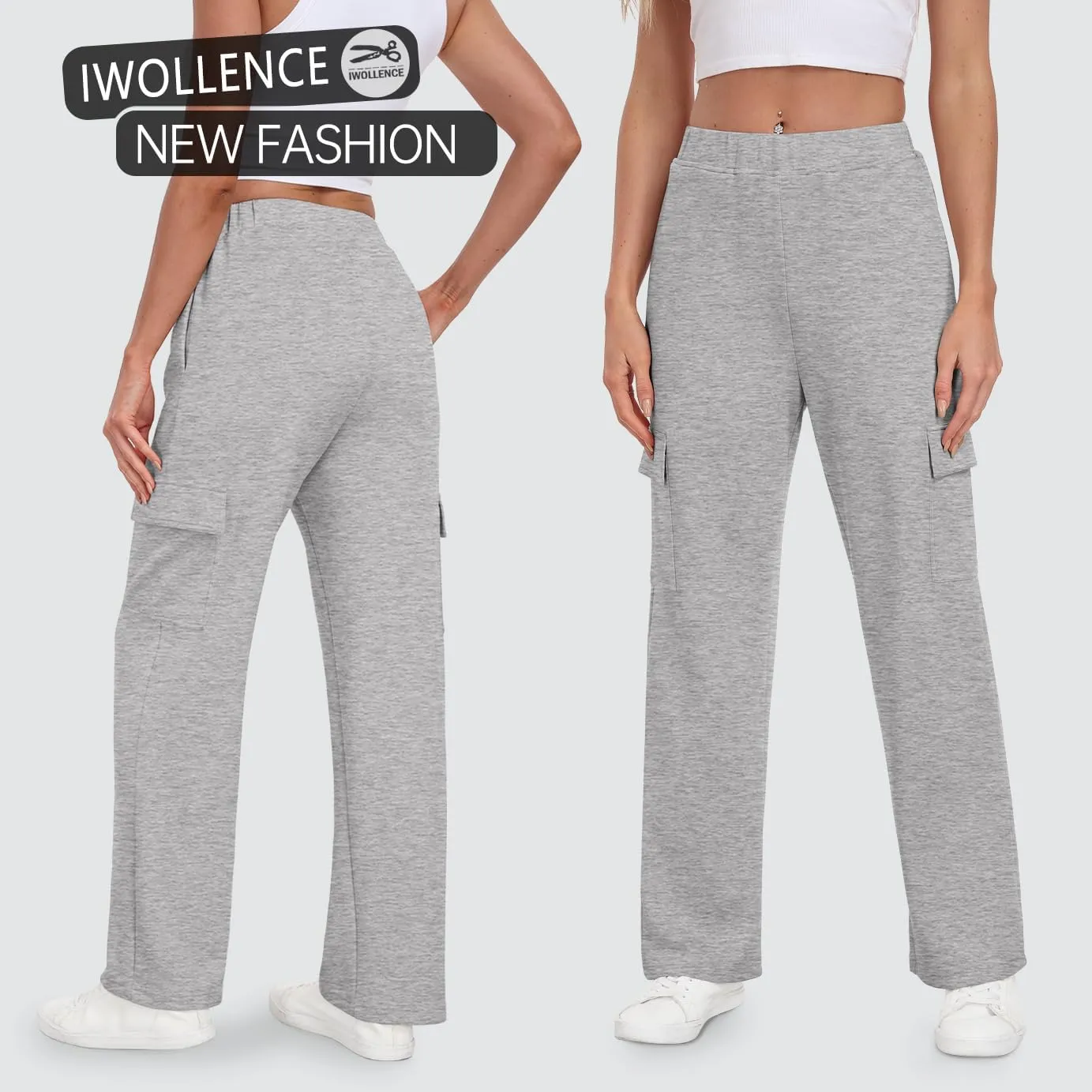 IWOLLENCE Womens Cargo Sweatpants Baggy Wide Straight Leg Sweats Pants with Pockets