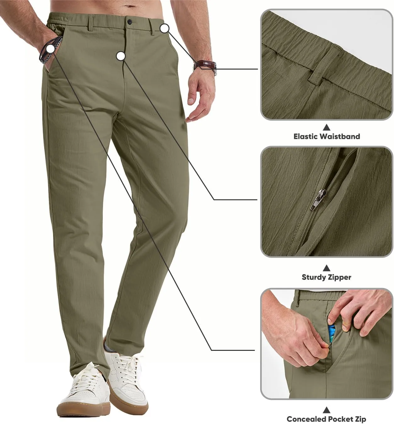 JMIERR Men's Casual Chino Pants Stretch Washed Crinkle 4 Way Textured Pants with Zipper Pockets and Elastic Waistband