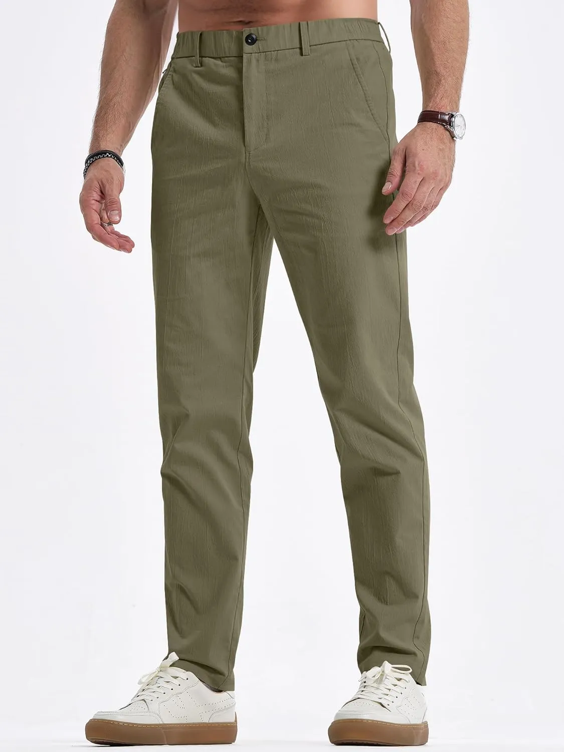 JMIERR Men's Casual Chino Pants Stretch Washed Crinkle 4 Way Textured Pants with Zipper Pockets and Elastic Waistband