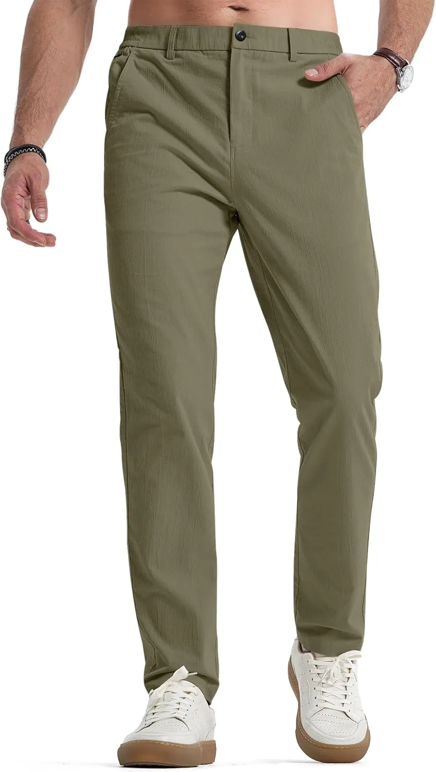 JMIERR Men's Casual Chino Pants Stretch Washed Crinkle 4 Way Textured Pants with Zipper Pockets and Elastic Waistband