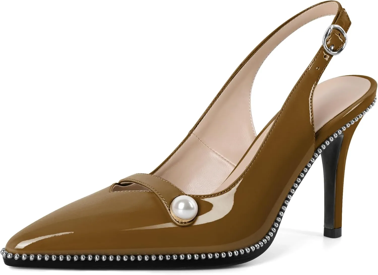 Joseywade Slingback Heels Women's Pointed Toe High Heel Pumps Pearl Beaded Cocktail Night Out Work Dress Shoes 3.5 Inch