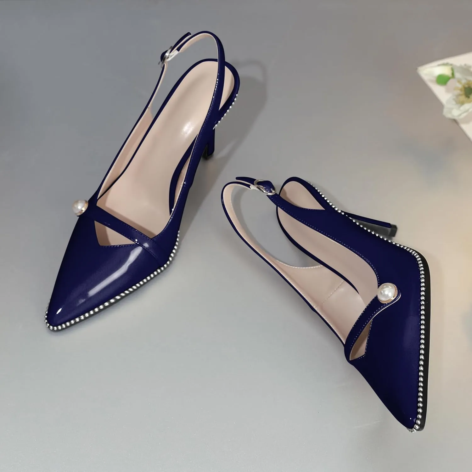 Joseywade Slingback Heels Women's Pointed Toe High Heel Pumps Pearl Beaded Cocktail Night Out Work Dress Shoes 3.5 Inch