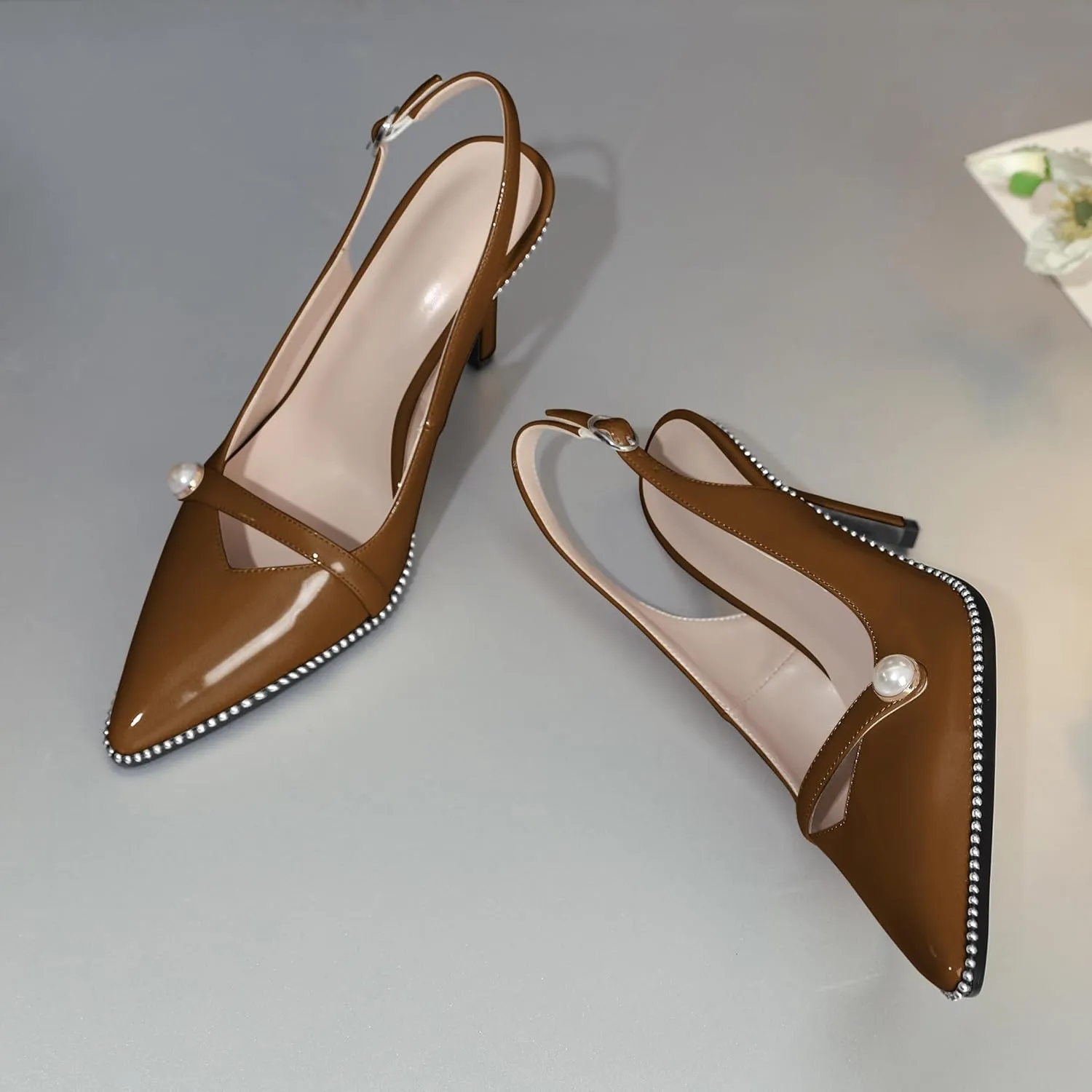Joseywade Slingback Heels Women's Pointed Toe High Heel Pumps Pearl Beaded Cocktail Night Out Work Dress Shoes 3.5 Inch