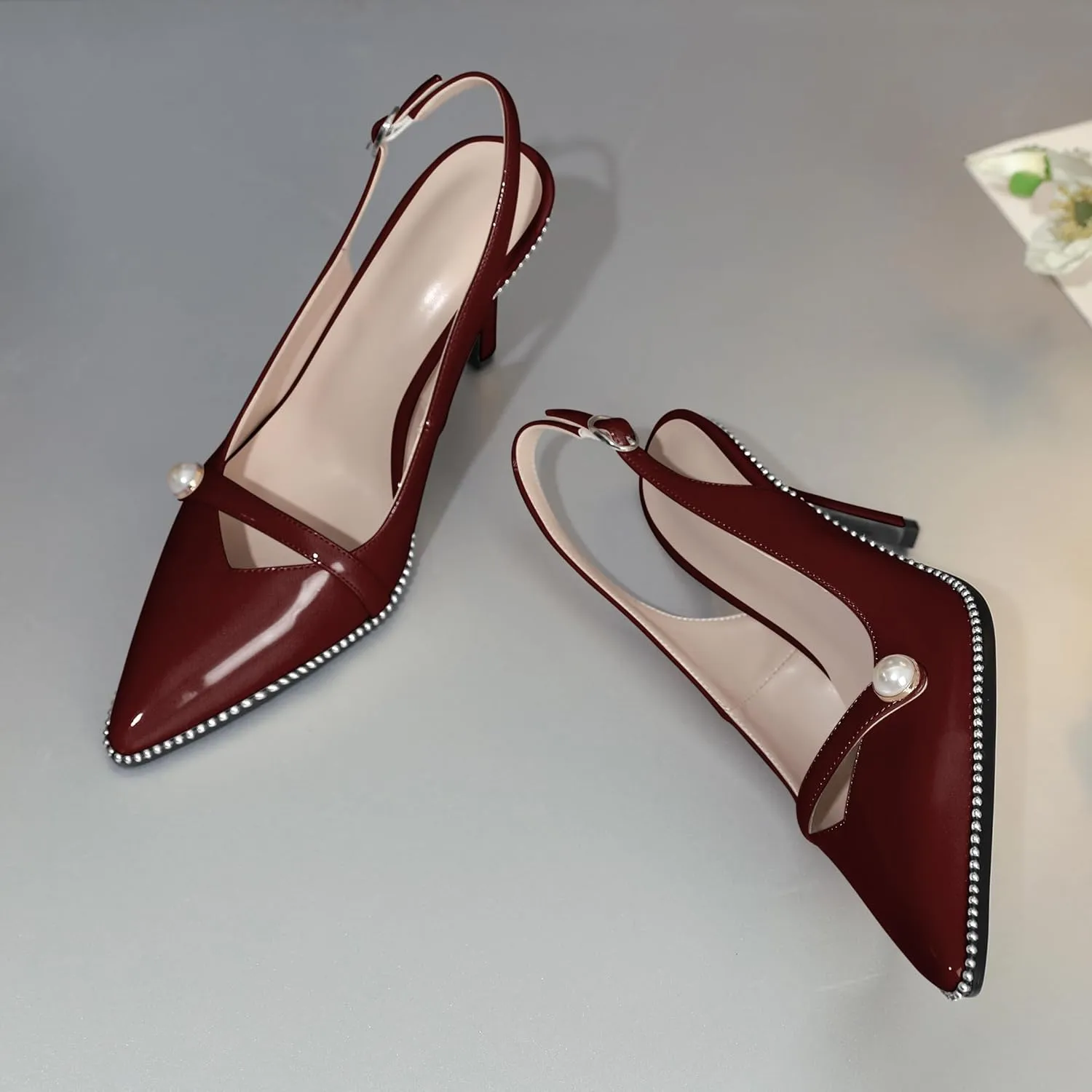 Joseywade Slingback Heels Women's Pointed Toe High Heel Pumps Pearl Beaded Cocktail Night Out Work Dress Shoes 3.5 Inch