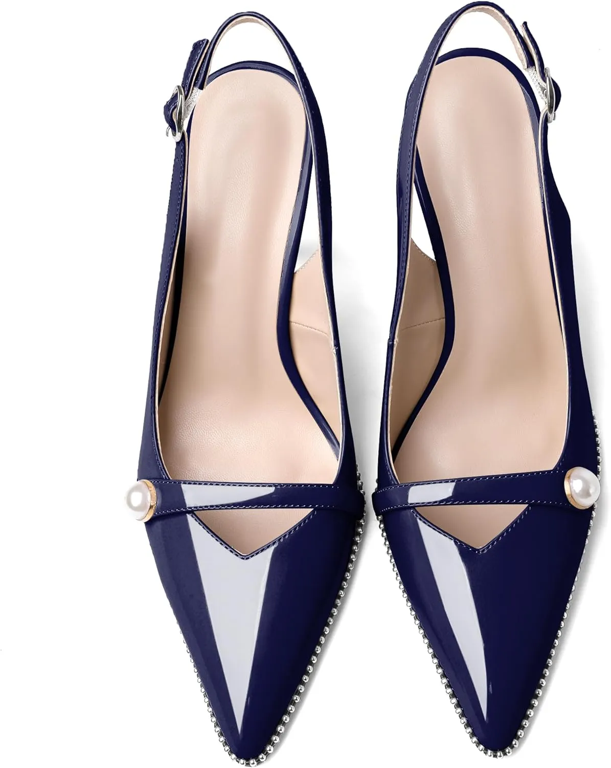 Joseywade Slingback Heels Women's Pointed Toe High Heel Pumps Pearl Beaded Cocktail Night Out Work Dress Shoes 3.5 Inch