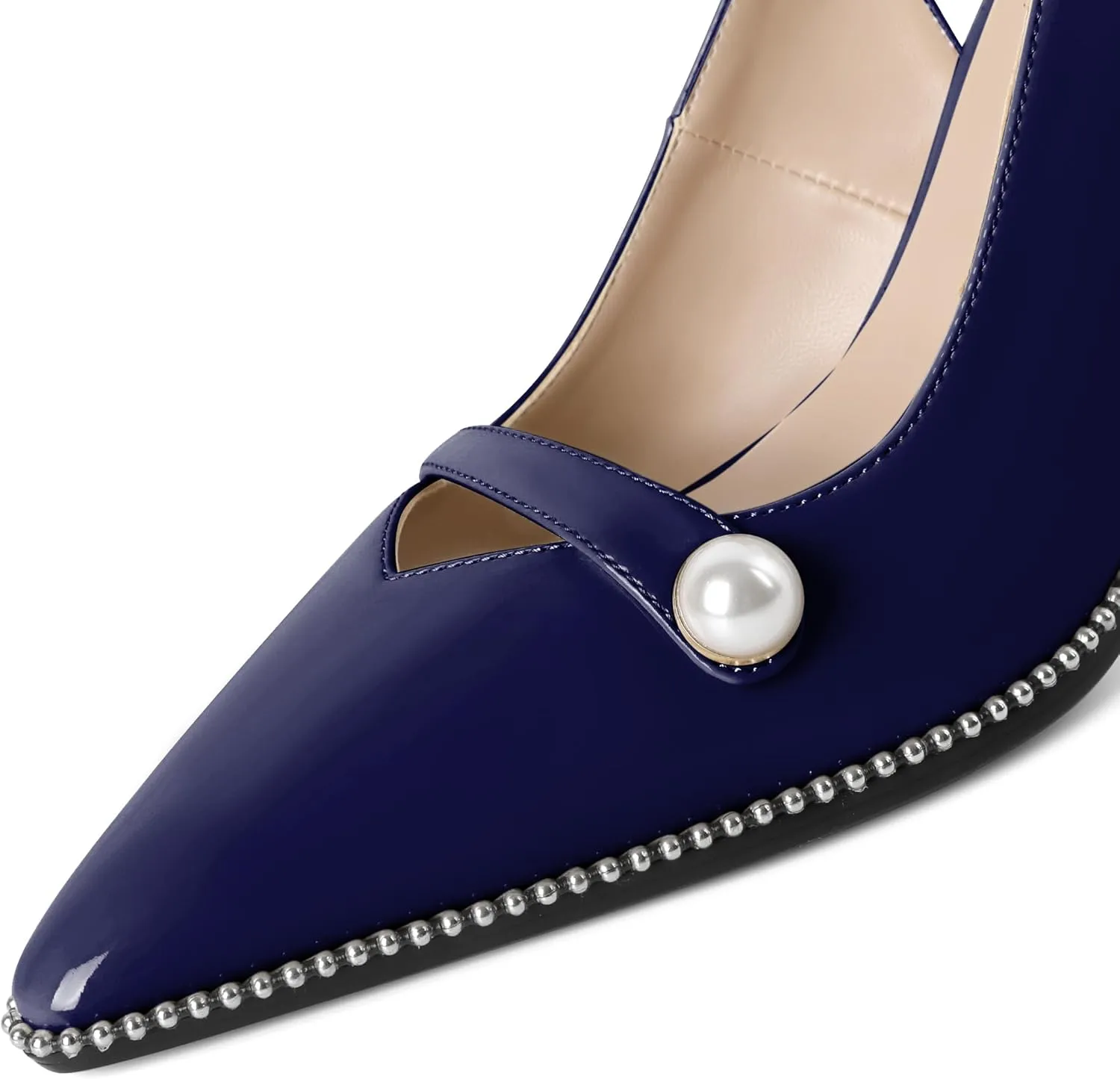 Joseywade Slingback Heels Women's Pointed Toe High Heel Pumps Pearl Beaded Cocktail Night Out Work Dress Shoes 3.5 Inch