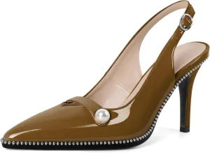 Joseywade Slingback Heels Women's Pointed Toe High Heel Pumps Pearl Beaded Cocktail Night Out Work Dress Shoes 3.5 Inch