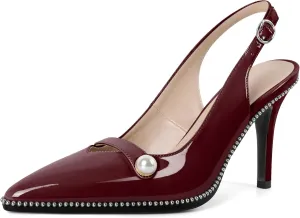 Joseywade Slingback Heels Women's Pointed Toe High Heel Pumps Pearl Beaded Cocktail Night Out Work Dress Shoes 3.5 Inch