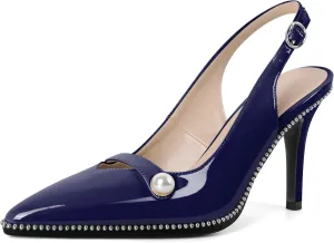 Joseywade Slingback Heels Women's Pointed Toe High Heel Pumps Pearl Beaded Cocktail Night Out Work Dress Shoes 3.5 Inch