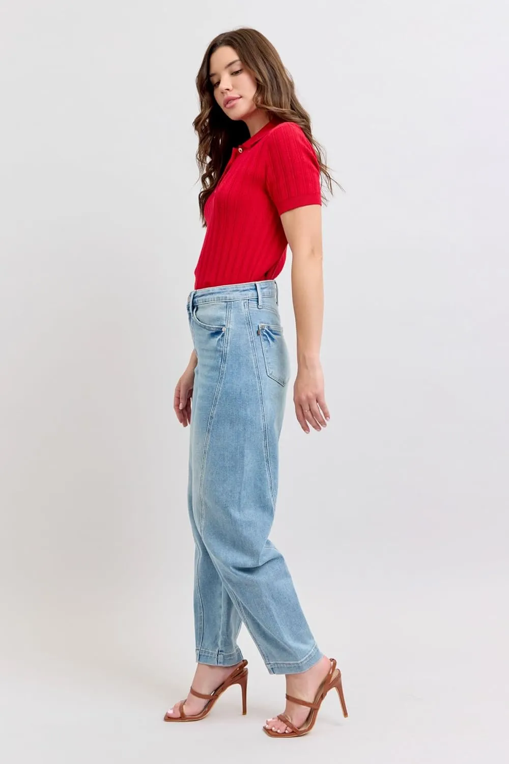 Judy Blue High-Waisted Side Panel Barrel Leg Jeans for Women – Stretch Denim, Comfortable Fit, Trendy Casual Wide Leg Jeans