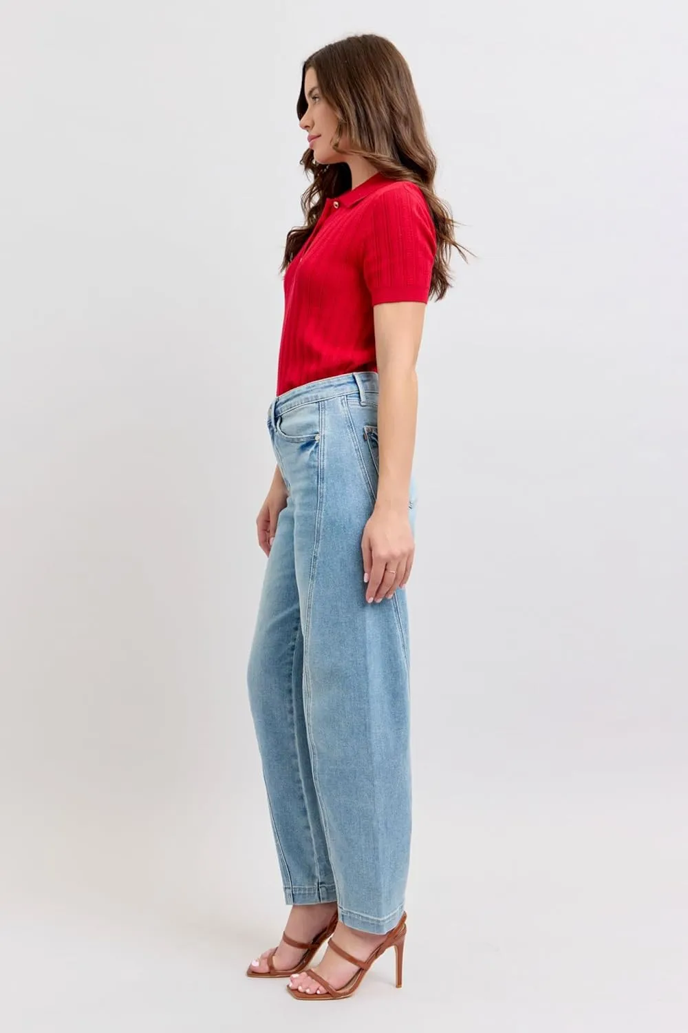 Judy Blue High-Waisted Side Panel Barrel Leg Jeans for Women – Stretch Denim, Comfortable Fit, Trendy Casual Wide Leg Jeans