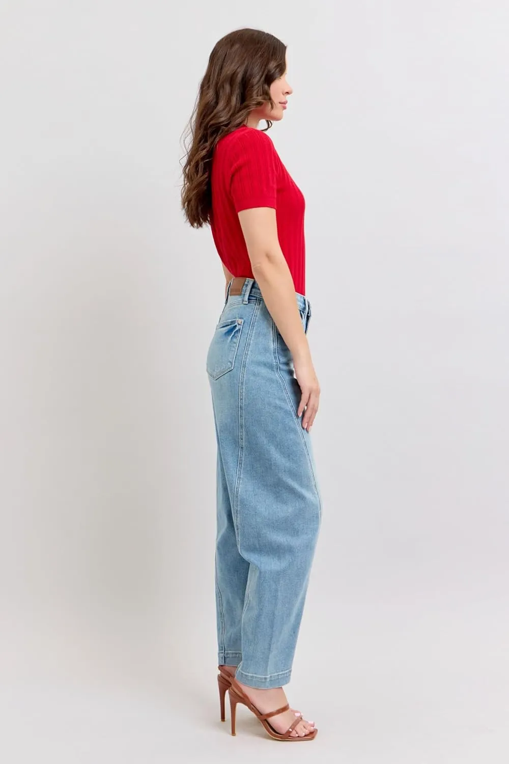 Judy Blue High-Waisted Side Panel Barrel Leg Jeans for Women – Stretch Denim, Comfortable Fit, Trendy Casual Wide Leg Jeans