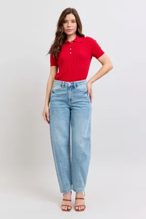 Judy Blue High-Waisted Side Panel Barrel Leg Jeans for Women – Stretch Denim, Comfortable Fit, Trendy Casual Wide Leg Jeans