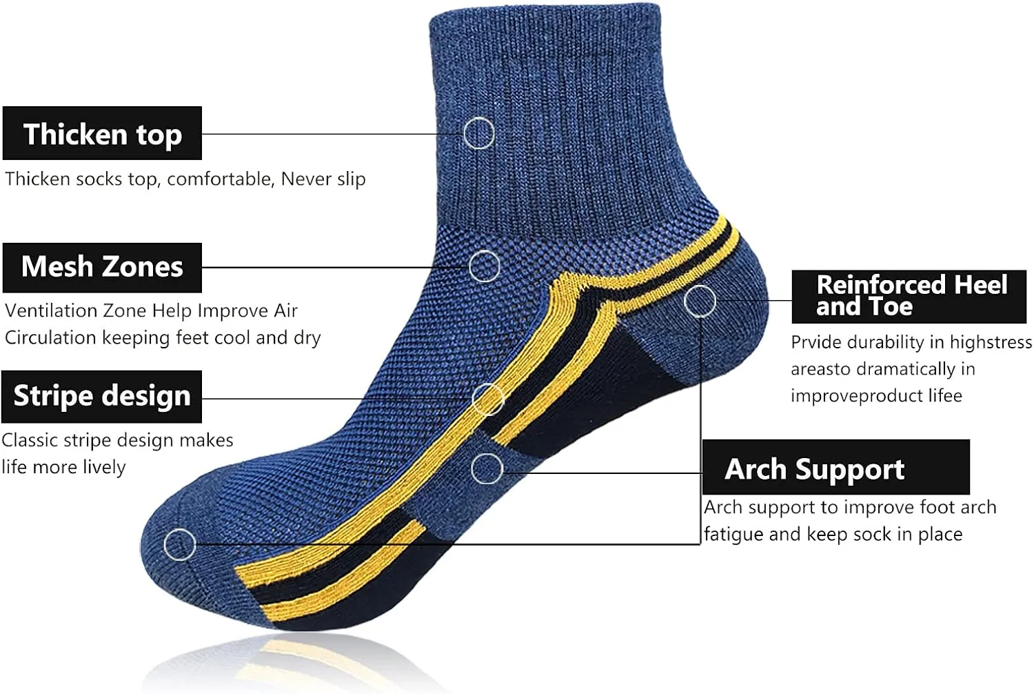 J.WMEET Men's Quarter Ankle Socks Athletic Running Hiking Cushion Performance Ventilation Sports Cotton Socks 6 Pack