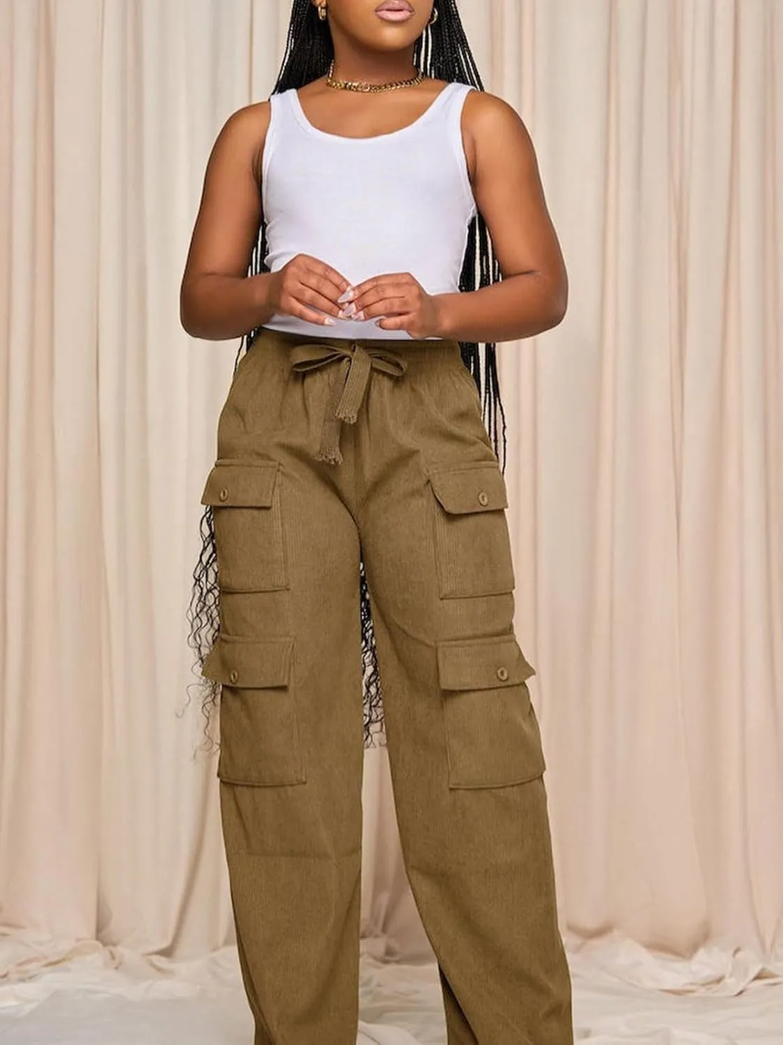 KANSOON Cargo Pants Women Corduroy High Waisted Casual Straight Leg Baggy Y2K Trousers with Multiple Pockets