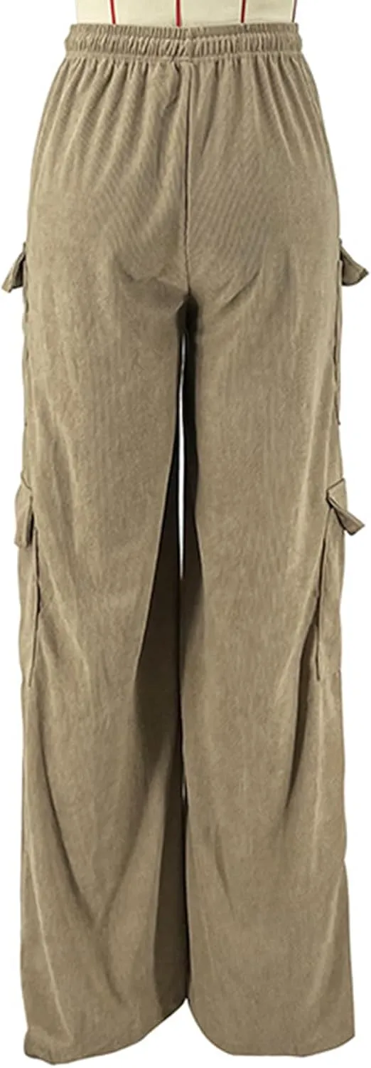KANSOON Cargo Pants Women Corduroy High Waisted Casual Straight Leg Baggy Y2K Trousers with Multiple Pockets