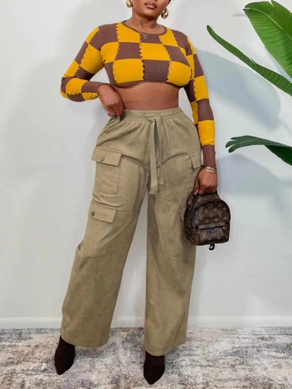 KANSOON Cargo Pants Women Corduroy High Waisted Casual Straight Leg Baggy Y2K Trousers with Multiple Pockets