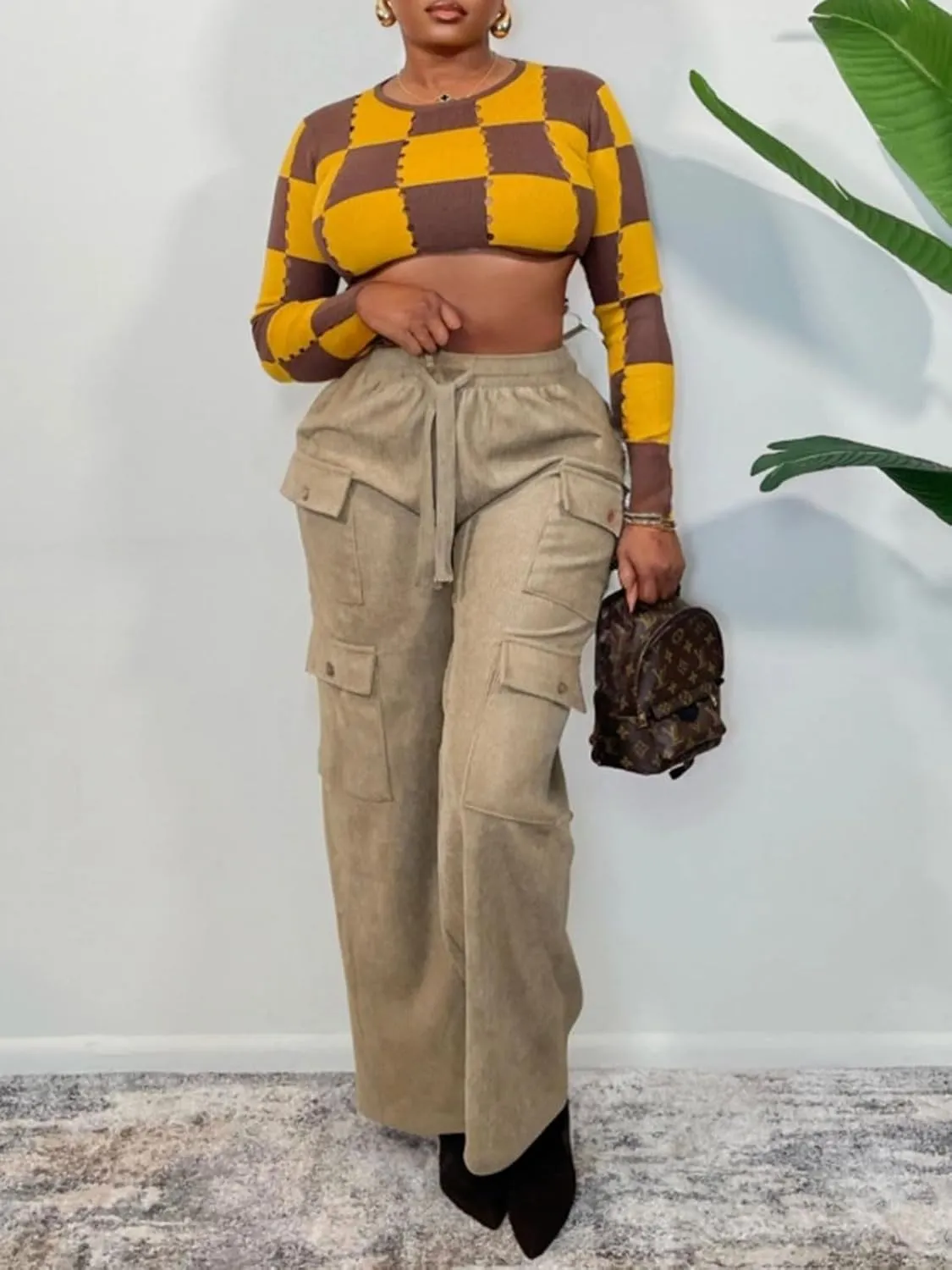 KANSOON Cargo Pants Women Corduroy High Waisted Casual Straight Leg Baggy Y2K Trousers with Multiple Pockets