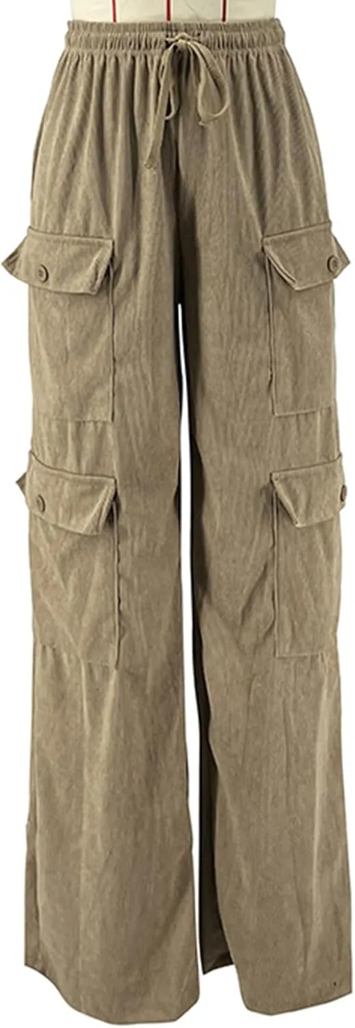 KANSOON Cargo Pants Women Corduroy High Waisted Casual Straight Leg Baggy Y2K Trousers with Multiple Pockets