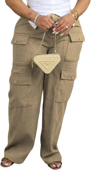 KANSOON Cargo Pants Women Corduroy High Waisted Casual Straight Leg Baggy Y2K Trousers with Multiple Pockets