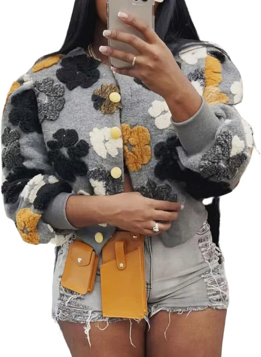KANSOON Wool Coats for Women Floral Puff Sleeve Single Breasted Short Fall Winter Jacket