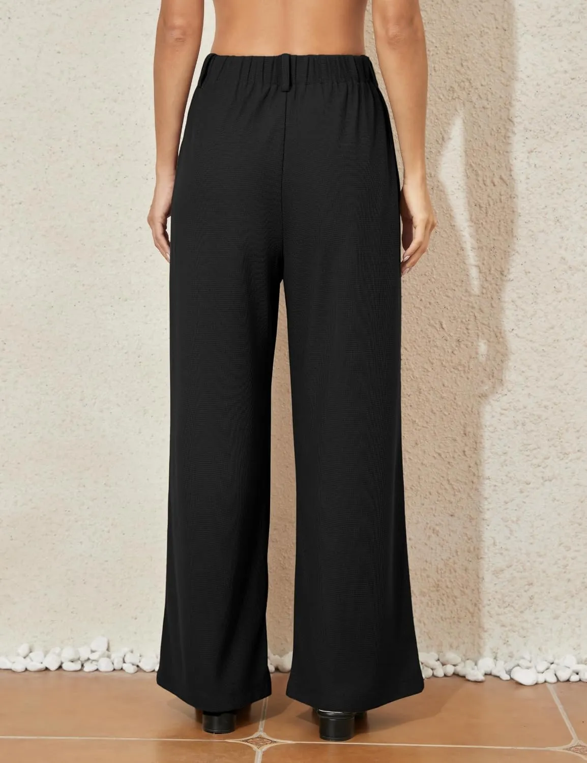 kayamiya Women's Elastic Waist Wide Leg Waffle Pants High Waisted Business Work Casual Summer Dress Trousers with Pockets