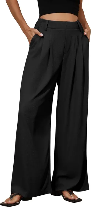 kayamiya Women's Elastic Waist Wide Leg Waffle Pants High Waisted Business Work Casual Summer Dress Trousers with Pockets