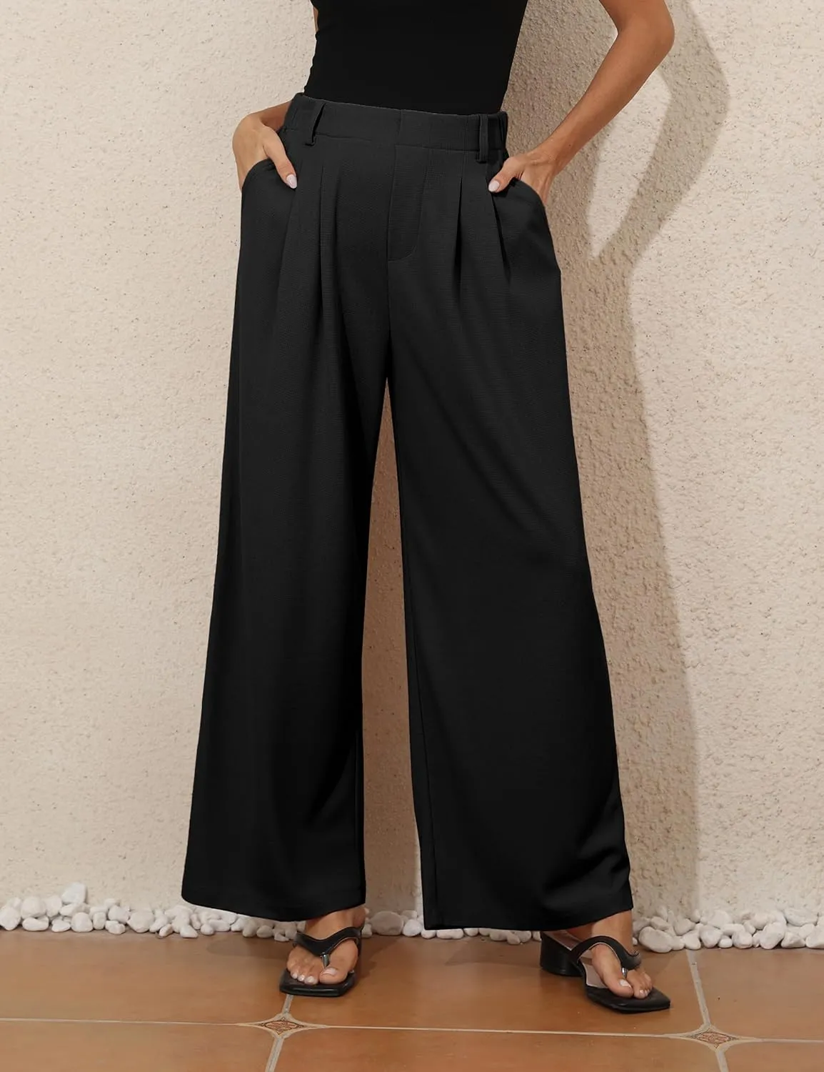 kayamiya Women's Elastic Waist Wide Leg Waffle Pants High Waisted Business Work Casual Summer Dress Trousers with Pockets
