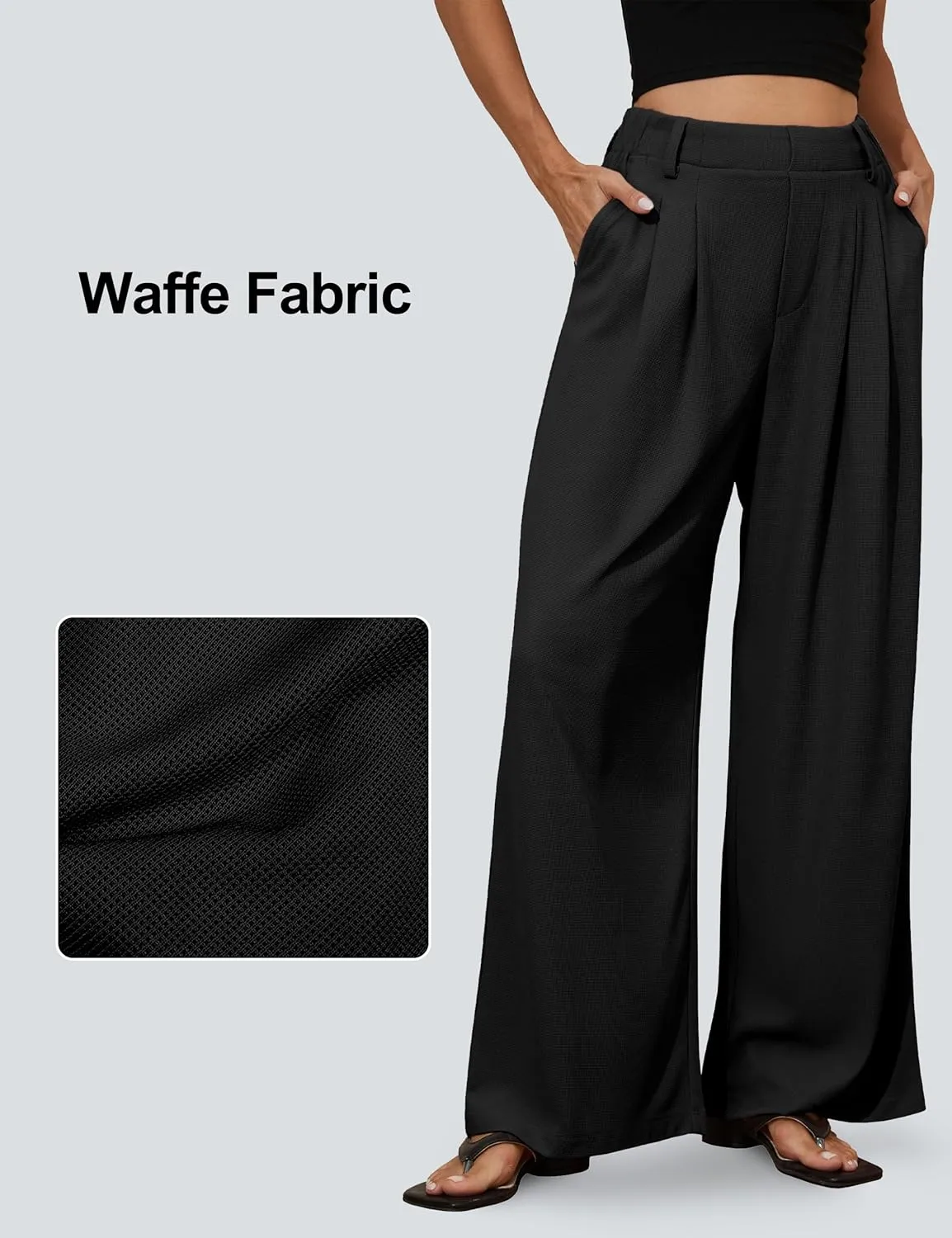 kayamiya Women's Elastic Waist Wide Leg Waffle Pants High Waisted Business Work Casual Summer Dress Trousers with Pockets