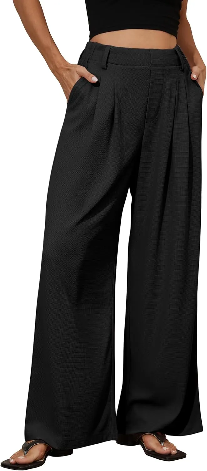 kayamiya Women's Elastic Waist Wide Leg Waffle Pants High Waisted Business Work Casual Summer Dress Trousers with Pockets